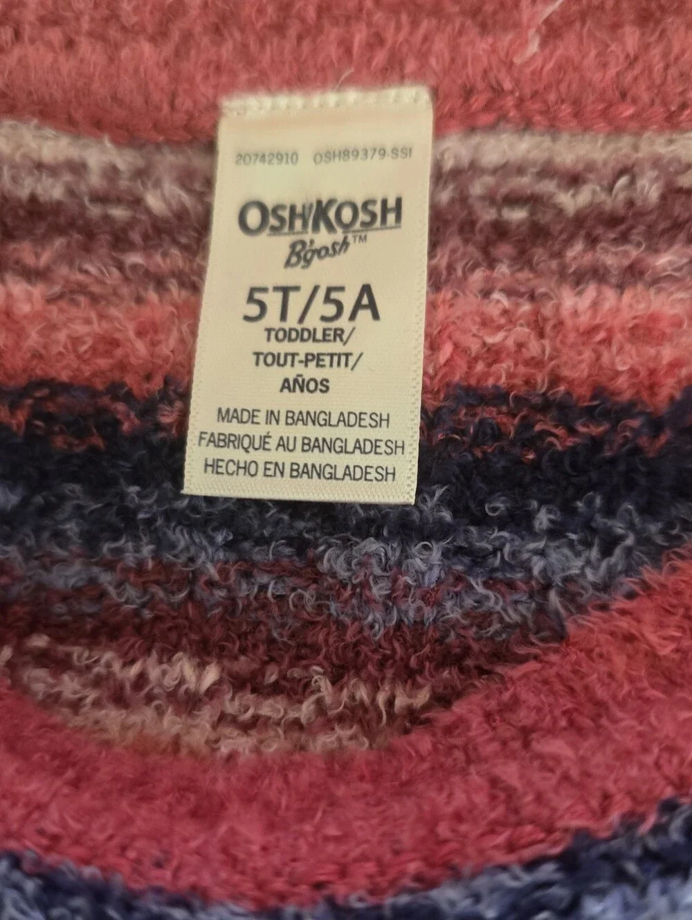 OshKosh B'gosh Toddler Girls Size 5 Striped Fuzzy Sweater Pink Blue Cozy